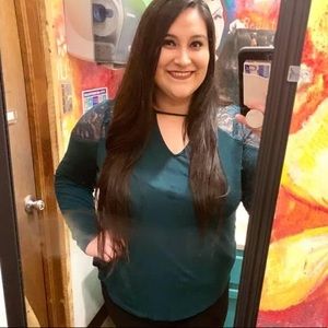 Green Maurices Long Sleeve Top w/ Keyhole & Lace
